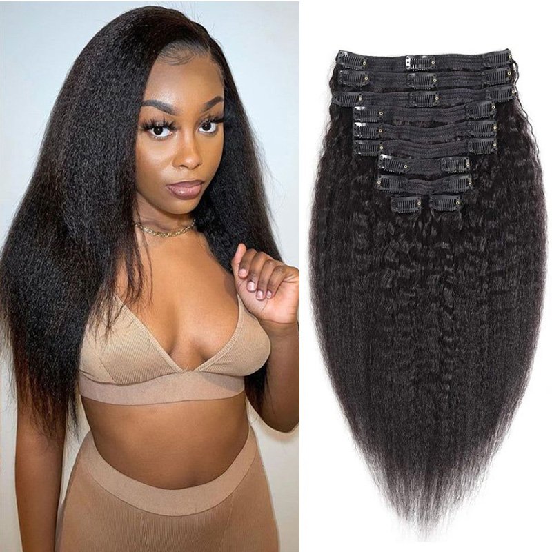 Light Yaki Straight Clip In Human Hair Extensions For Black Women Kinky Hair Clip Virgin Natural Hair 100G