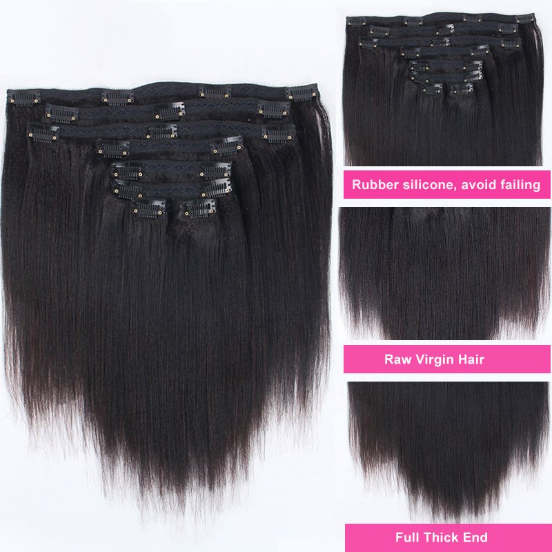 Light Yaki Straight Clip In Human Hair Extensions For Black Women Kinky Hair Clip Virgin Natural Hair 100G