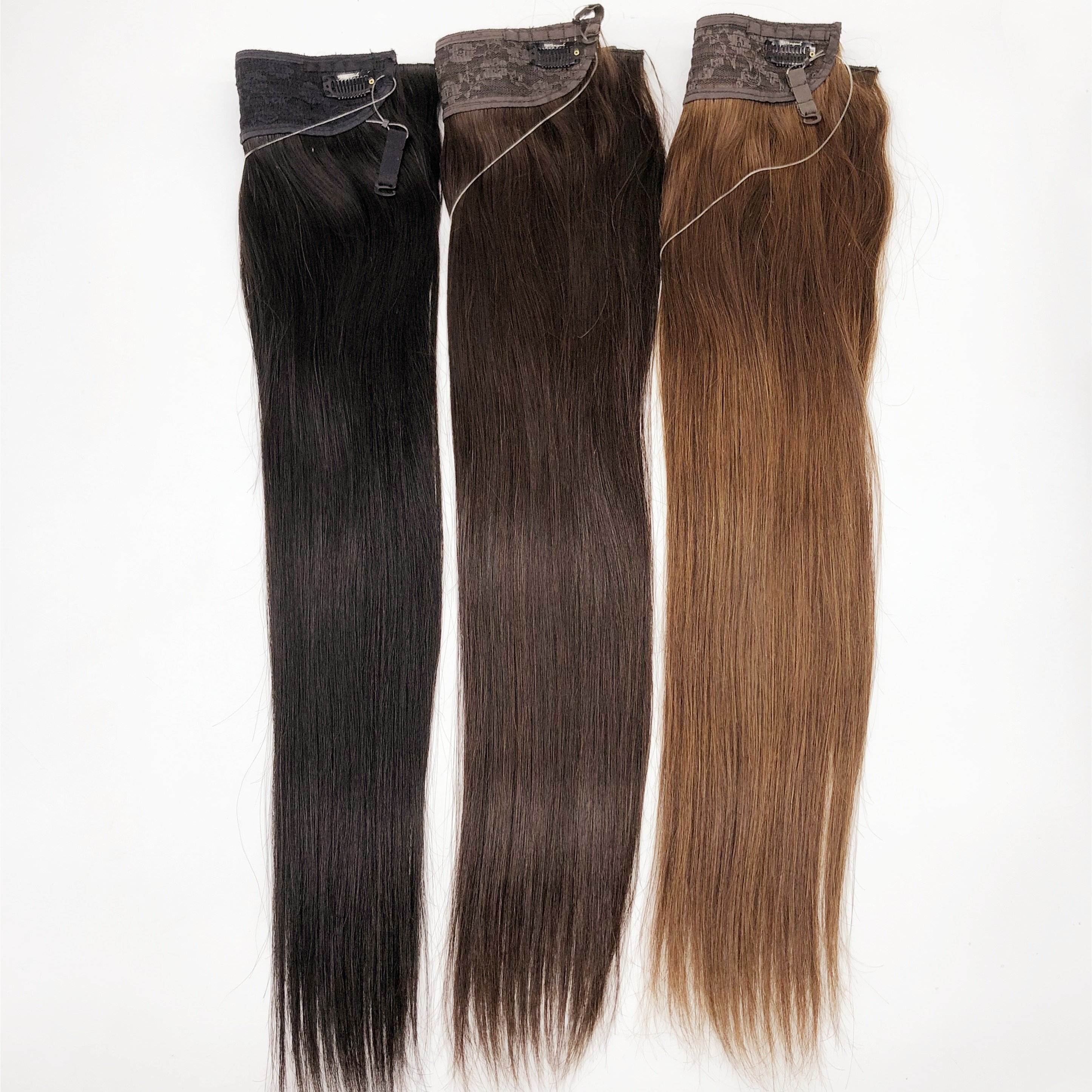 AU wholesale 100 human hair customized only Indian Remy hair clip in Halo hair extension with adjustable string for women