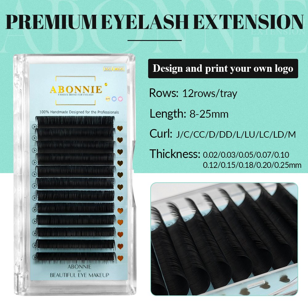 Abonnie Korean PBT Fiber 0.03 Vegan 7-15mm Classic Cashmere Lash Extension Tray Individual Lash Matte Black Eyelash Extensions