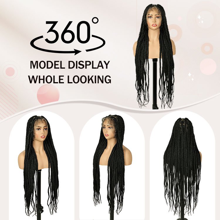 FH 40 inches Full Lace Large Box Braid Wig for Black Women Transparent Full Lace Glueless Knotless Braided Wigs