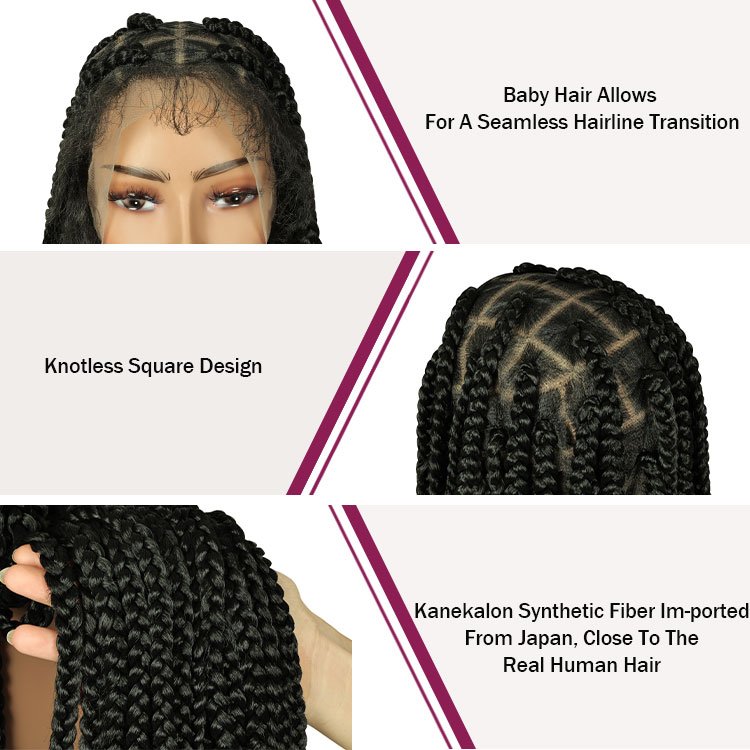 FH 40 inches Full Lace Large Box Braid Wig for Black Women Transparent Full Lace Glueless Knotless Braided Wigs