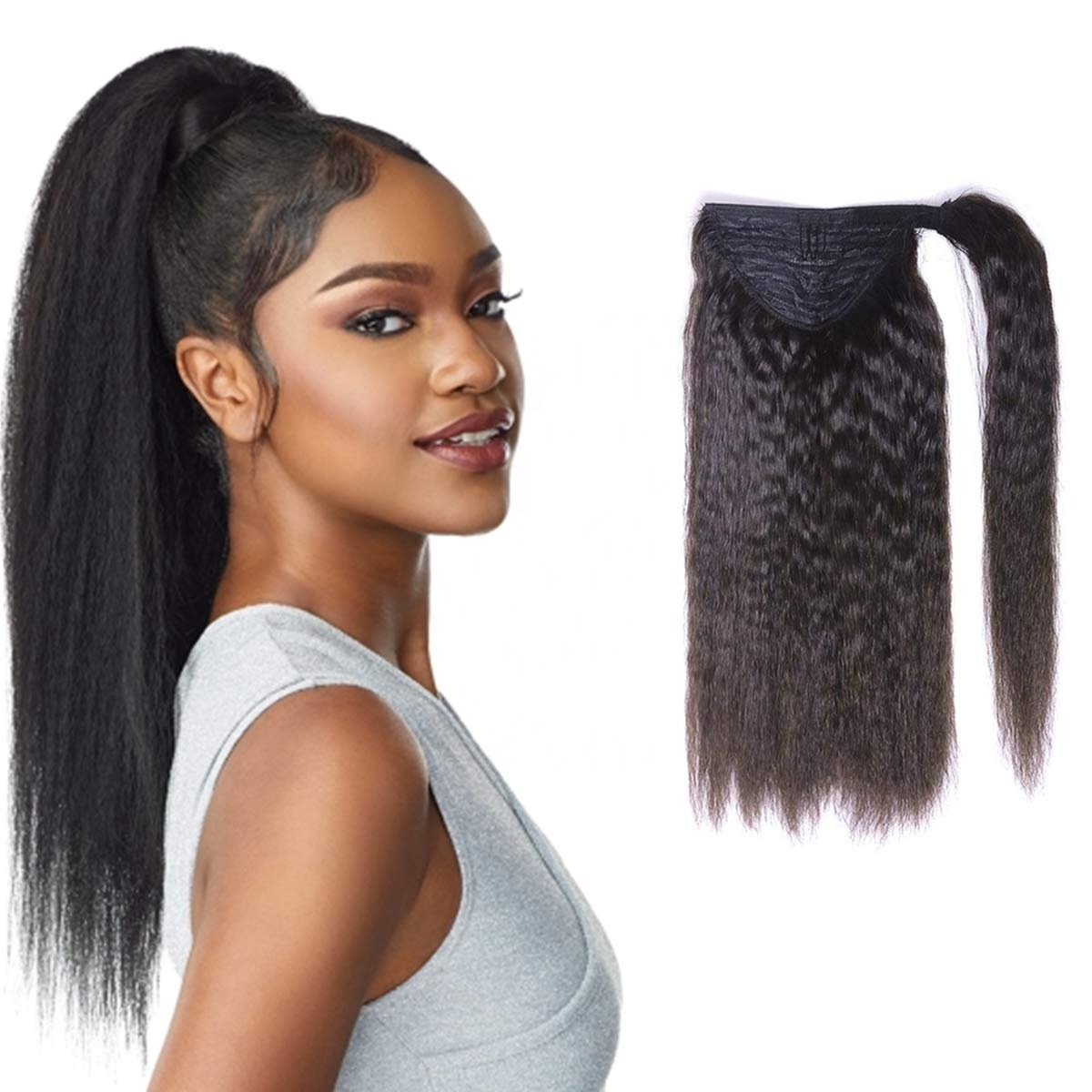 Kbeth Straight Yaki Ponytail Human Hair Extension 2021 Fashion Drawstring Ponytail With Clips in Ponytails For Black Women
