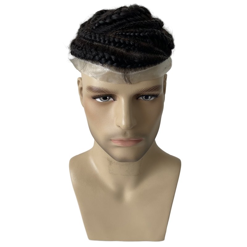Indian Virgin Human Hair Systems 1b Black Cornrow Braids Toupee 8x10 Center Lace With PU Perimeter AUS Unit For Black Men