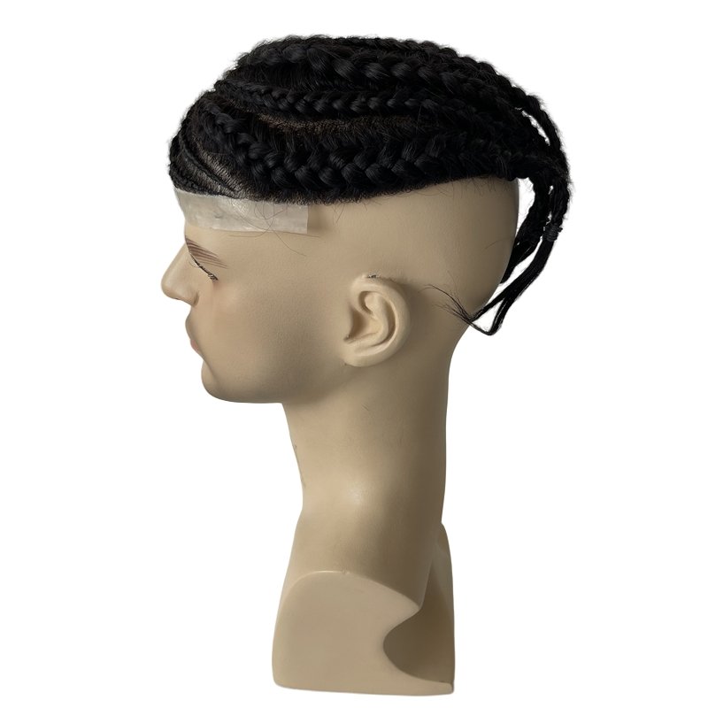 Indian Virgin Human Hair Systems 1b Black Cornrow Braids Toupee 8x10 Center Lace With PU Perimeter AUS Unit For Black Men