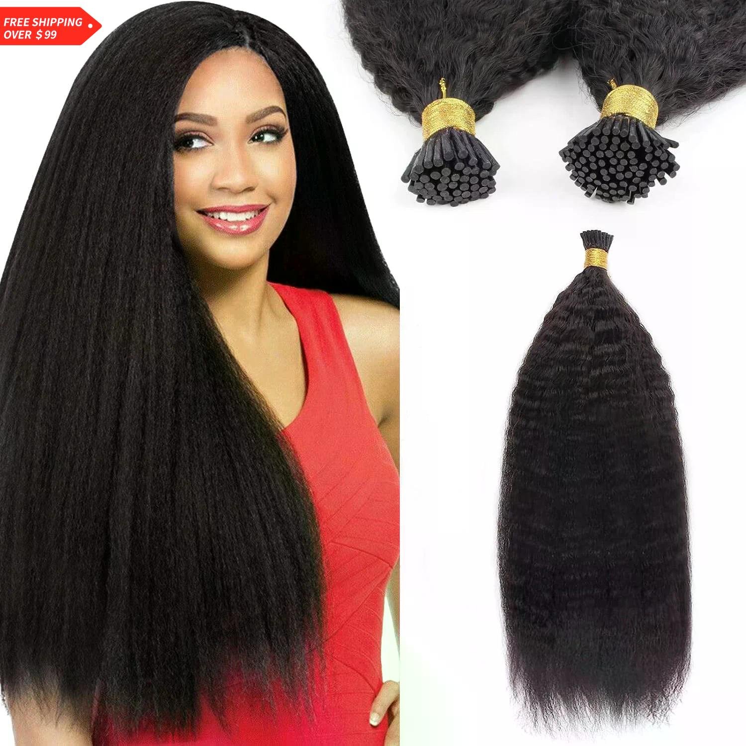 Kinky Straight I Tips Human Hair Extensions Natural Black Brazilian Virgin 100 Real Human Hair 50 Strands