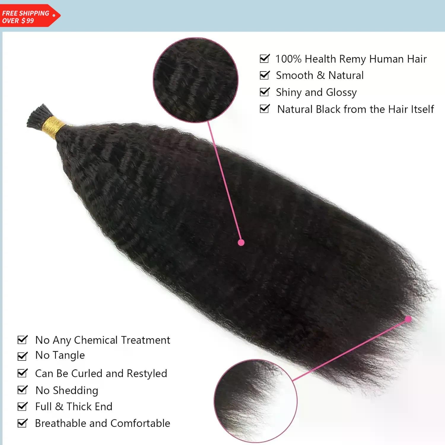 Kinky Straight I Tips Human Hair Extensions Natural Black Brazilian Virgin 100 Real Human Hair 50 Strands