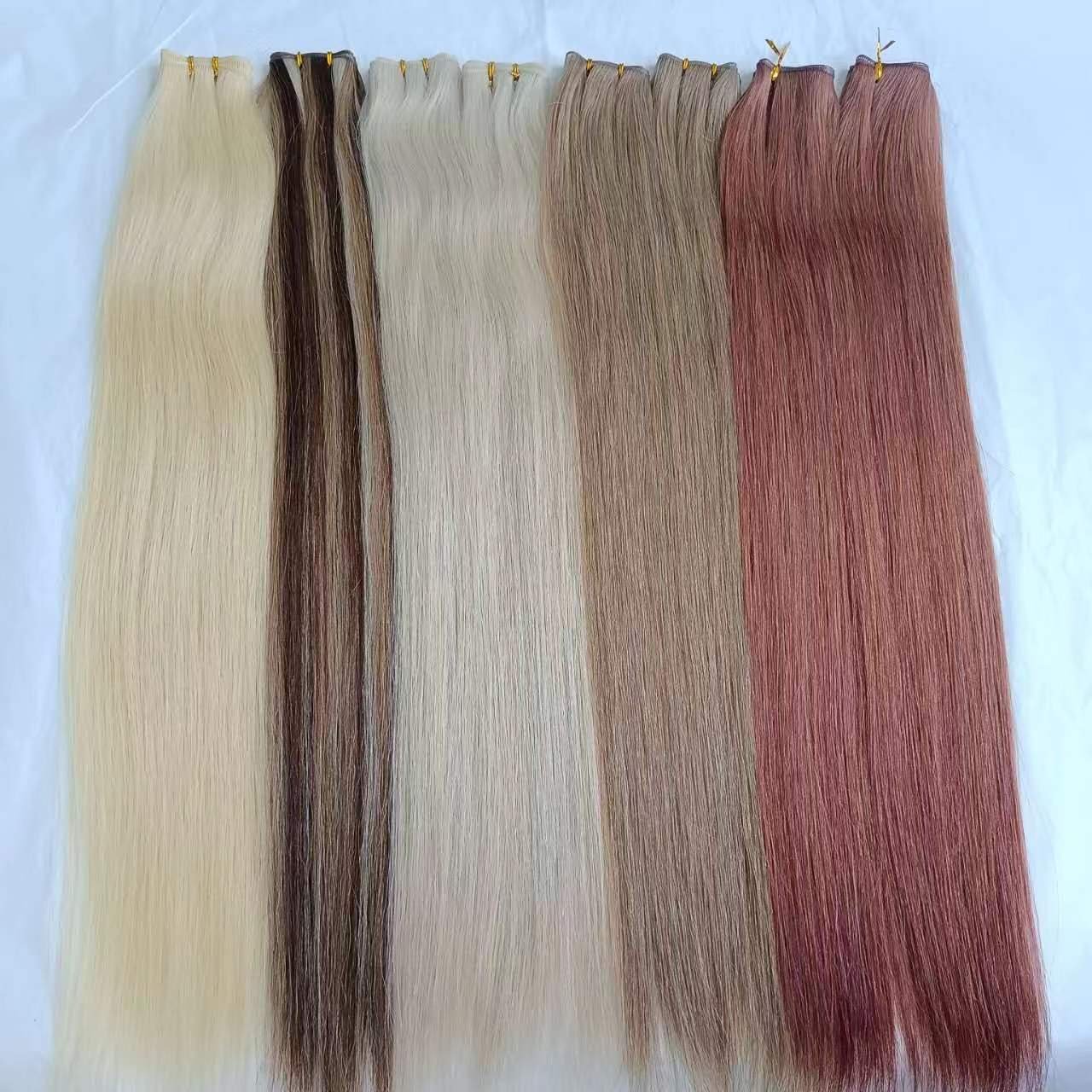 Double Drawn Thin Invisible Hand Tied Weft Virgin Remy Cuticle Aligned Russian Human Hair Extensions Genius Weft
