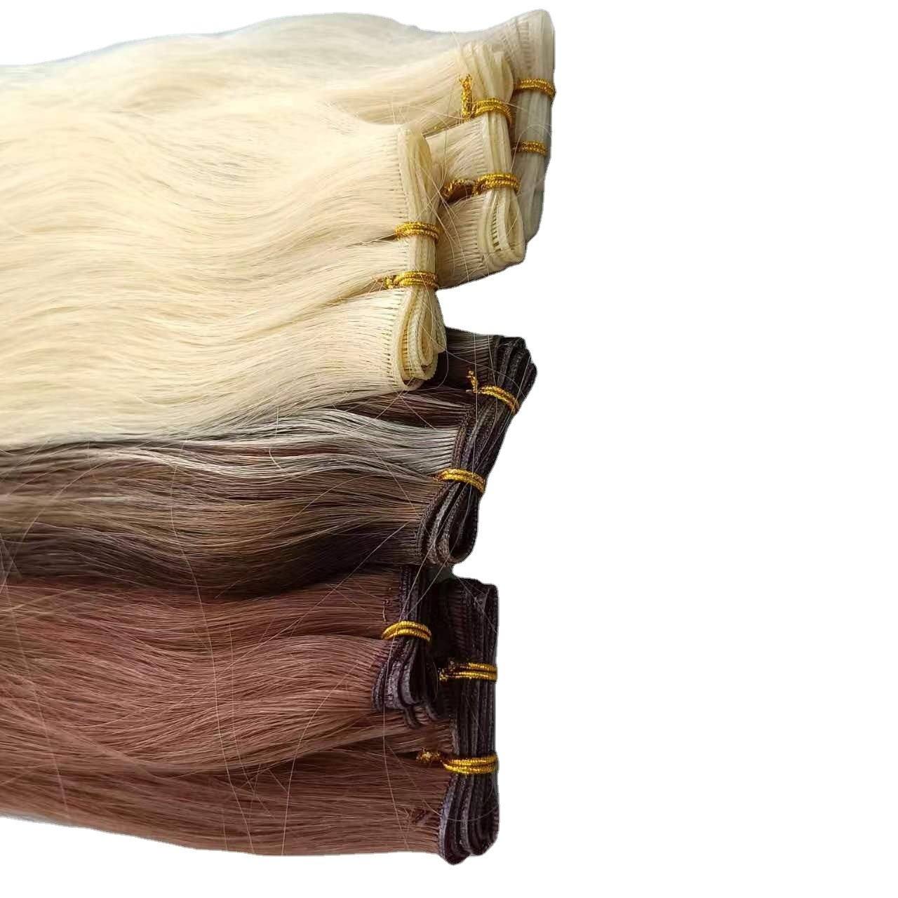 Double Drawn Thin Invisible Hand Tied Weft Virgin Remy Cuticle Aligned Russian Human Hair Extensions Genius Weft