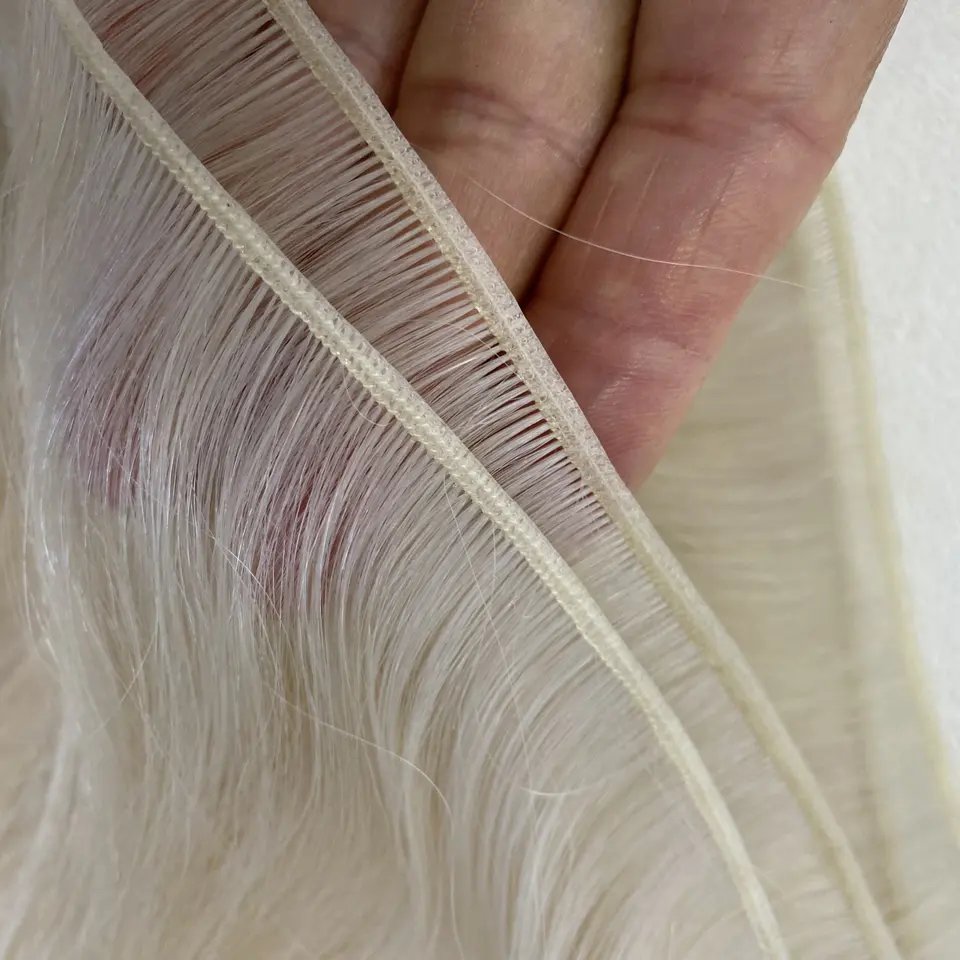 Double Drawn Thin Invisible Hand Tied Weft Virgin Remy Cuticle Aligned Russian Human Hair Extensions Genius Weft