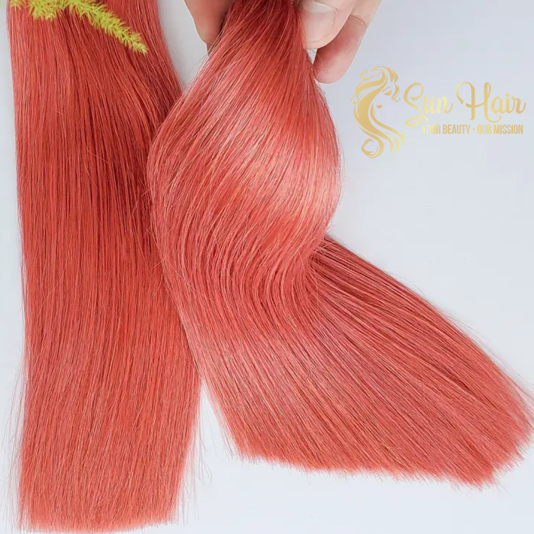 Products Hot Trending 12" Pink Mix Orange Color From 100% High Premium Weft Human Hair Extensions Vietnamese By Sun Hair Company