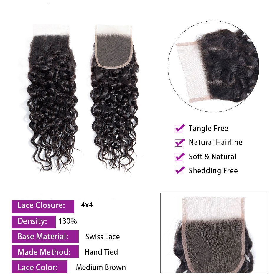 Free Part Water Wave 4x4 Lace Closure Brazilian Human Hair Extensions Virgin Cuticle Aligned Hair