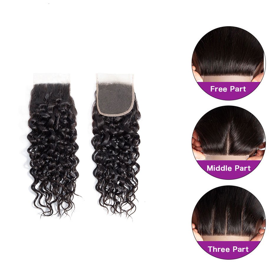 Free Part Water Wave 4x4 Lace Closure Brazilian Human Hair Extensions Virgin Cuticle Aligned Hair