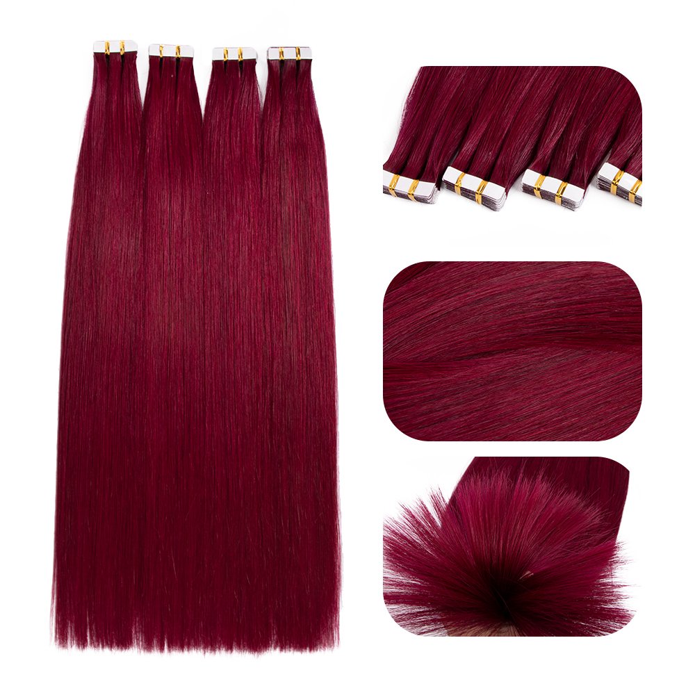 Red wine color #99j straight tape in hair extension full end cuticle intact human hair tape in extensions