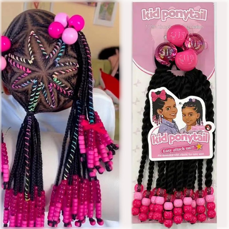 Vivian hair 8inch kids braided ponytail with beads and bow Tie Customized