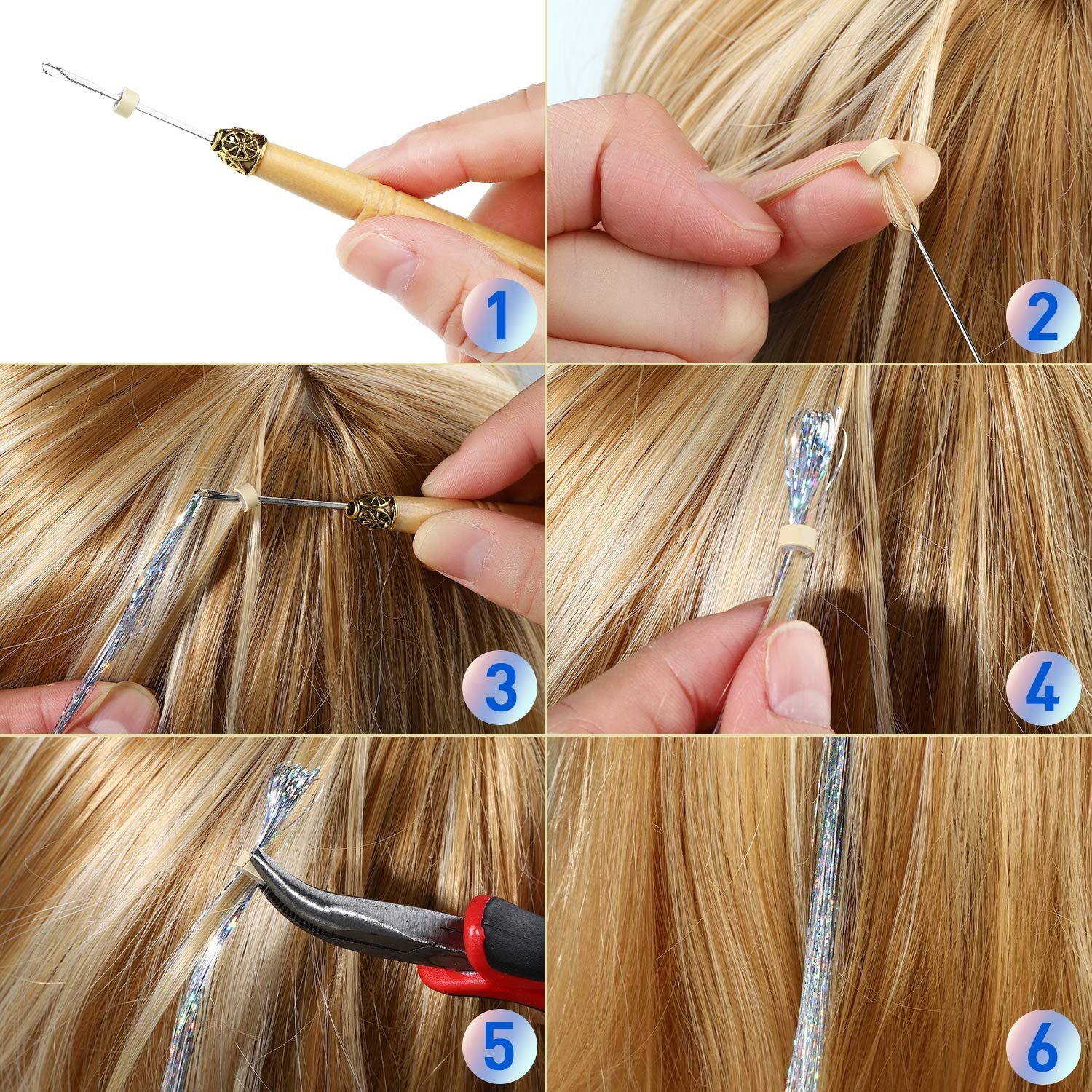Hair Tinsel Strands Kit, Tinsel Hair Extensions, Fairy Hair Tinsel Kit for Women Girls with Tools (1200 Strands, Silver+Beige Si