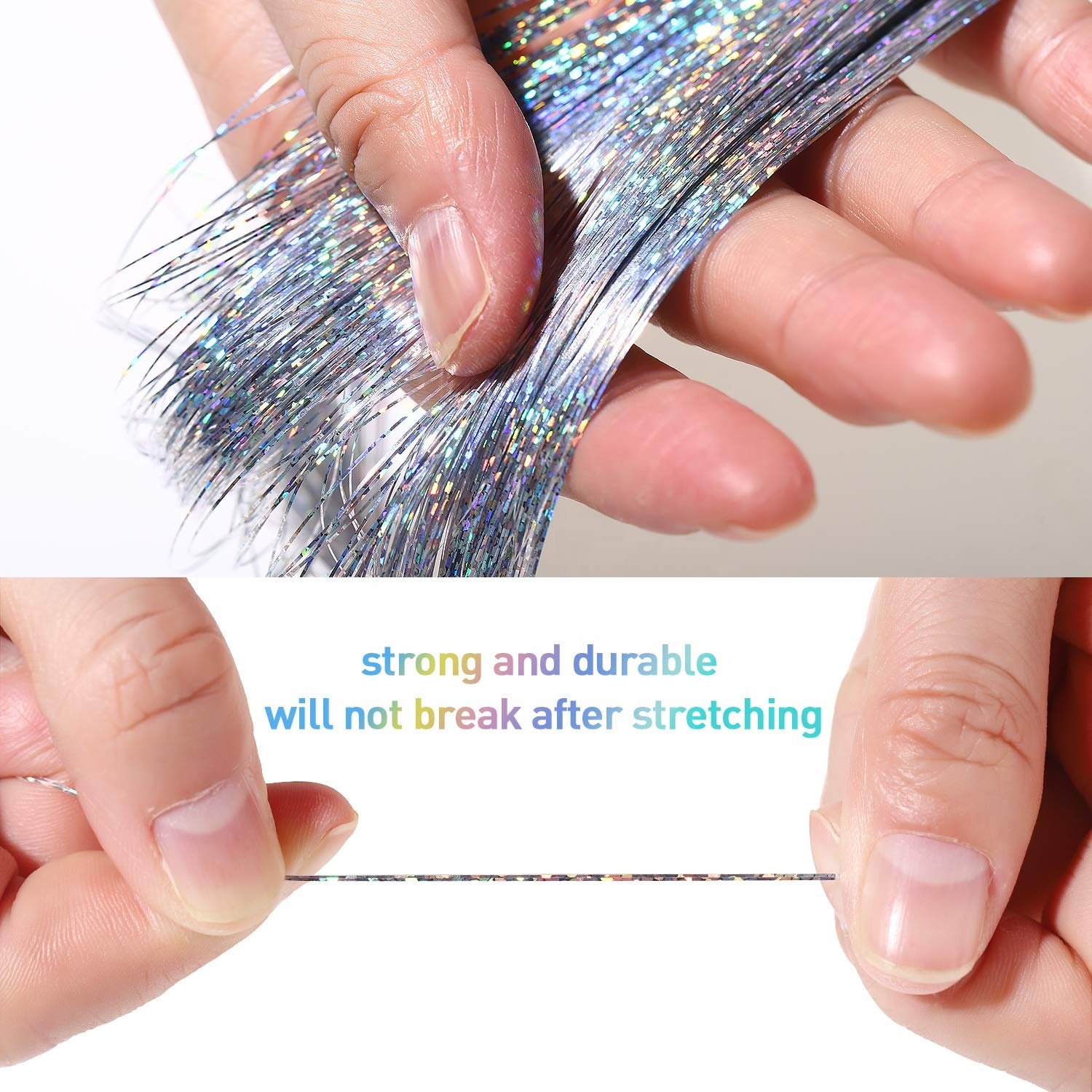 Hair Tinsel Strands Kit, Tinsel Hair Extensions, Fairy Hair Tinsel Kit for Women Girls with Tools (1200 Strands, Silver+Beige Si