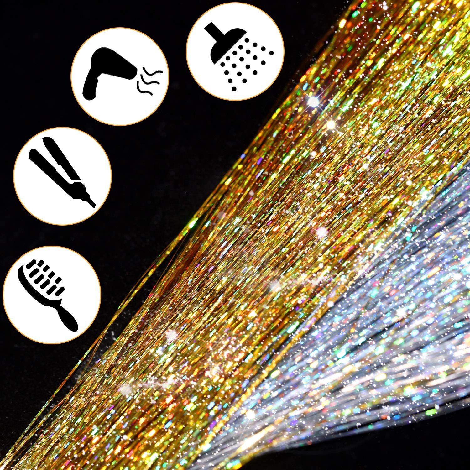Hair Tinsel Strands Kit, Tinsel Hair Extensions, Fairy Hair Tinsel Kit for Women Girls with Tools (1200 Strands, Silver+Beige Si