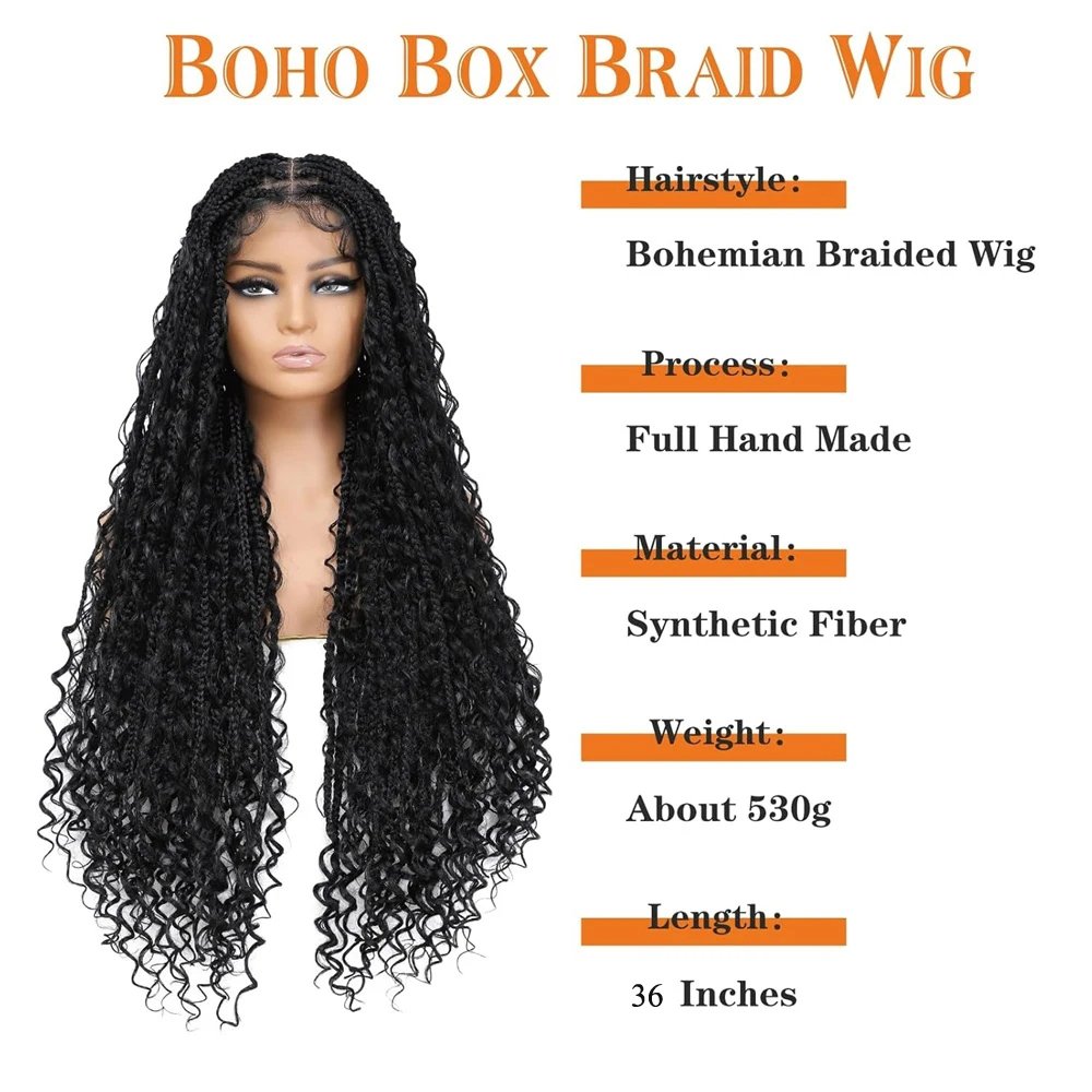 Hot Selling Knotless Braided Handmade Full Lace Frontal High Quality Synthetic African New Elegant 36" Boho Box Braided Wig.