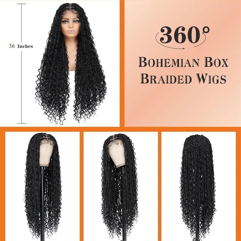 Hot Selling Knotless Braided Handmade Full Lace Frontal High Quality Synthetic African New Elegant 36" Boho Box Braided Wig.