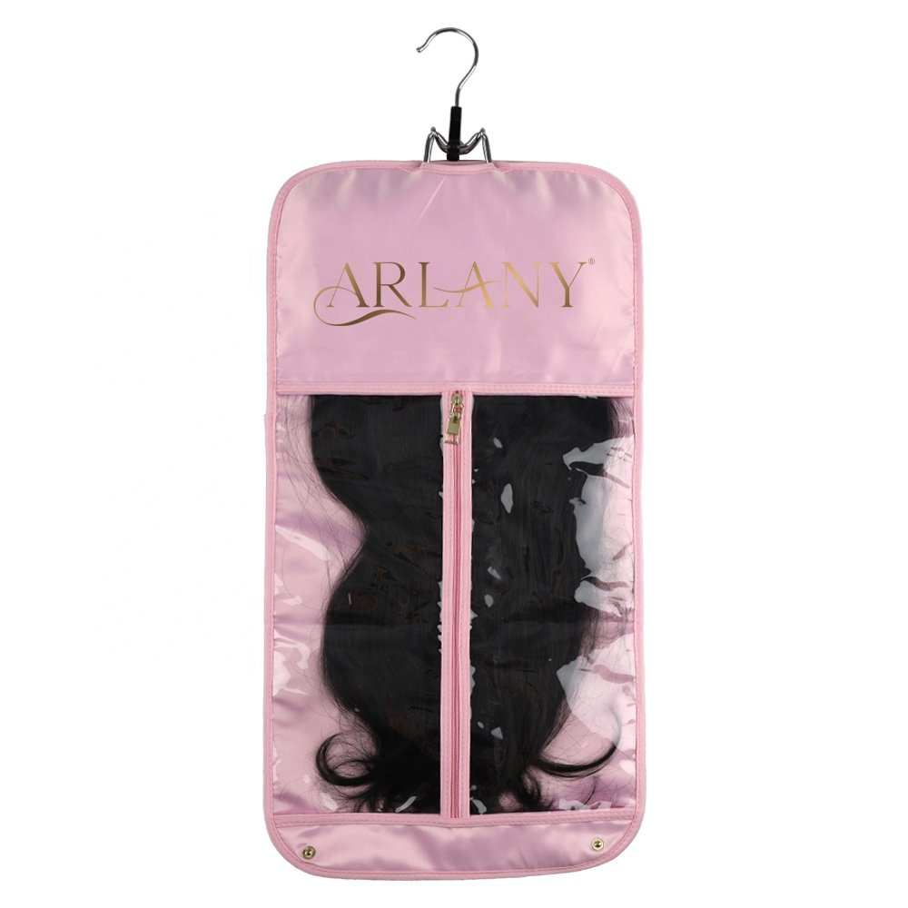 Portable Hair Extensions Carrier Non-woven Dust-proof Storage Case with Wooden Hair Hanger for Human Hair Extensions