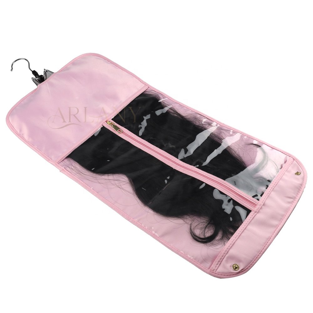 Portable Hair Extensions Carrier Non-woven Dust-proof Storage Case with Wooden Hair Hanger for Human Hair Extensions