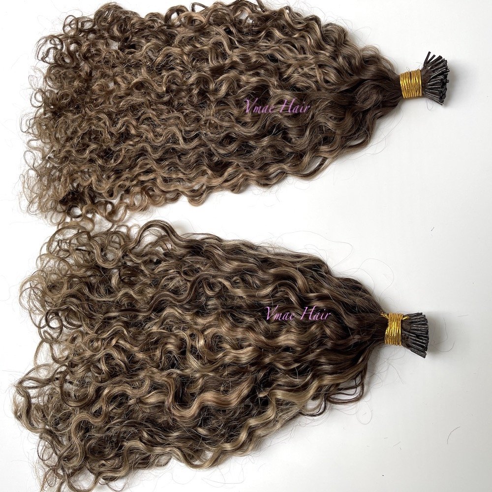 VMAE Wholesale Deep Curly Cuticle Aligned Virgin Raw Russian Ombre Piano Highlight Color Blond I K Tip Human Hair Extensions
