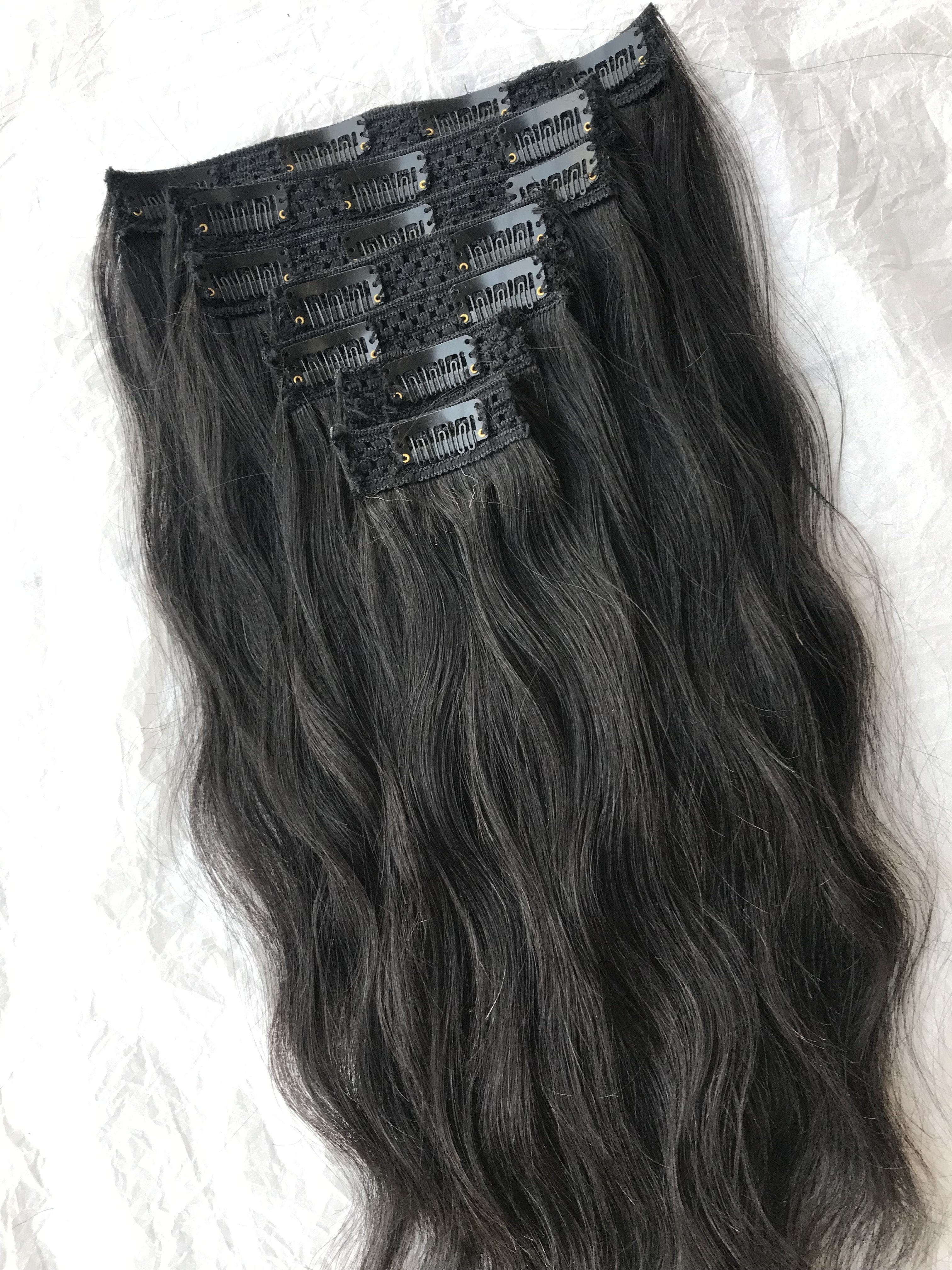 Export Raw Indian Temple Virgin 20"Wavy 7 Set Clip In Human Hair Extension Single Drawn Black for Women Indian Supplier's vendor