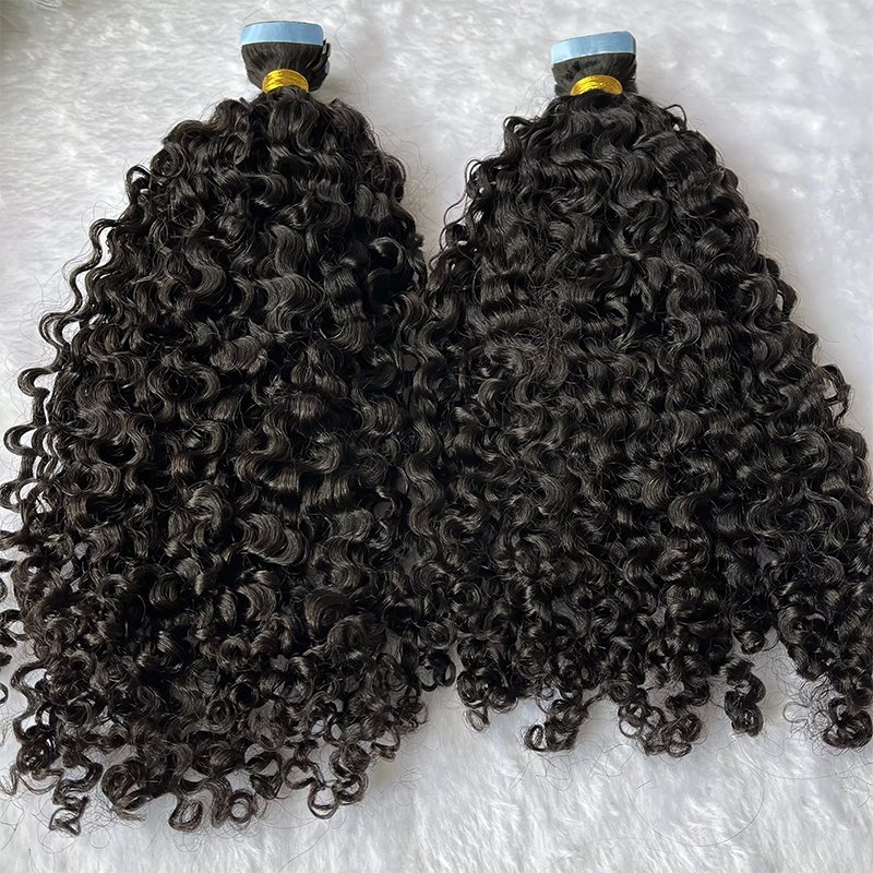 Fast shipping in stock high quality 100% virgin raw human hair invisible unprocessed kinky curly black tape in hair extensions