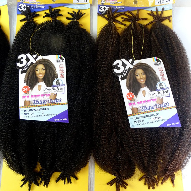Popular Afro 3x Pre-stretched Pre Fluffed Kinky Twist Crochet Hair Fluffy Water Twist 24" 250g