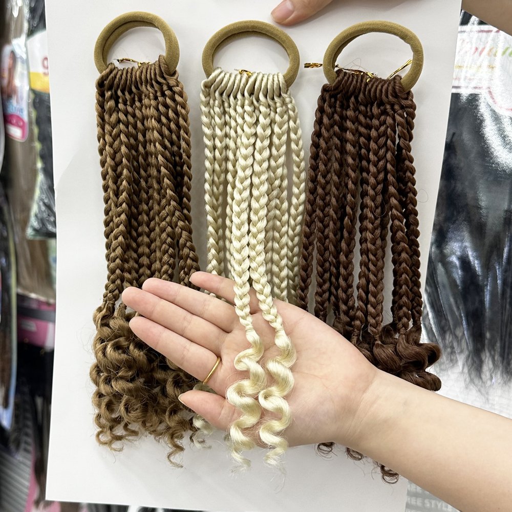 New arrival 100%kanekalon 3in1 elastic band ponytail with curly ends DIY 8-10inch kids ponytail with Neat Cornrows for baby girl