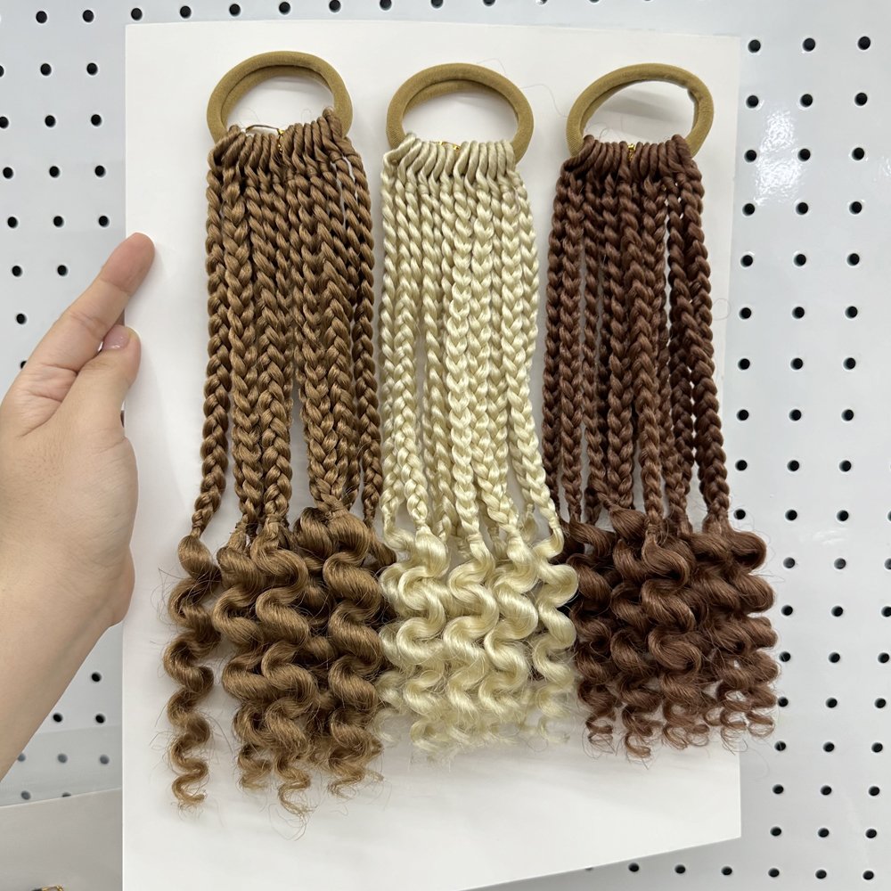 New arrival 100%kanekalon 3in1 elastic band ponytail with curly ends DIY 8-10inch kids ponytail with Neat Cornrows for baby girl
