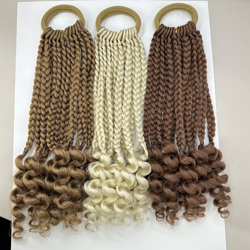 New arrival 100%kanekalon 3in1 elastic band ponytail with curly ends DIY 8-10inch kids ponytail with Neat Cornrows for baby girl
