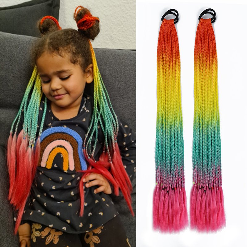 Colorful Afro Box Braided Ponytail Synthetic Hair Extensions Ponytails for Kids