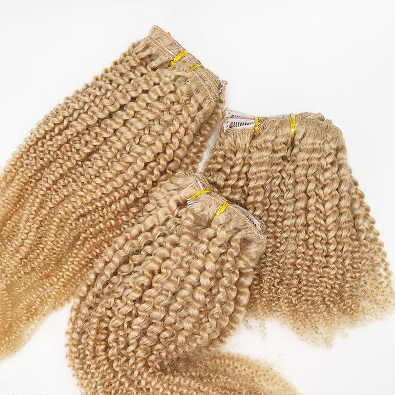120g/set Blonde Afro Kinky Clip in Human Hair Extensions #613 Color Remy Hair Extension Clip