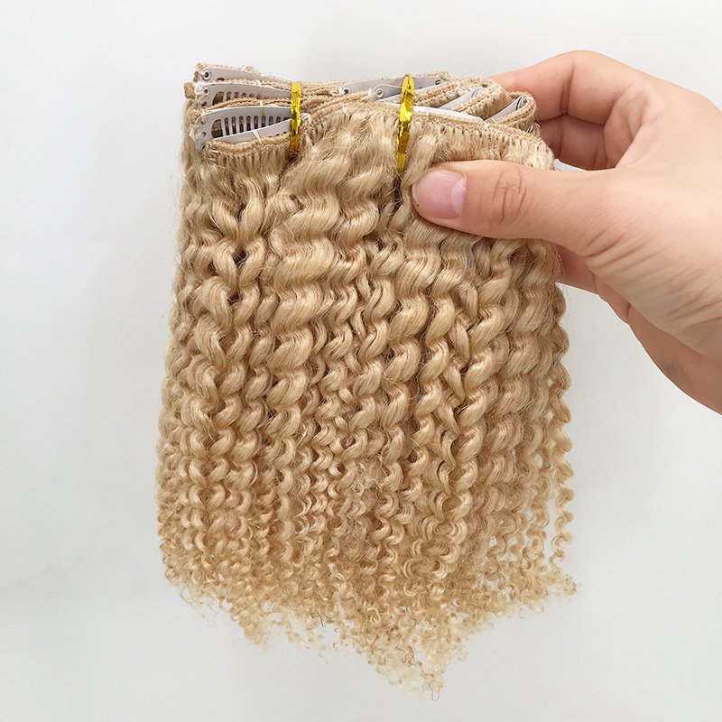120g/set Blonde Afro Kinky Clip in Human Hair Extensions #613 Color Remy Hair Extension Clip