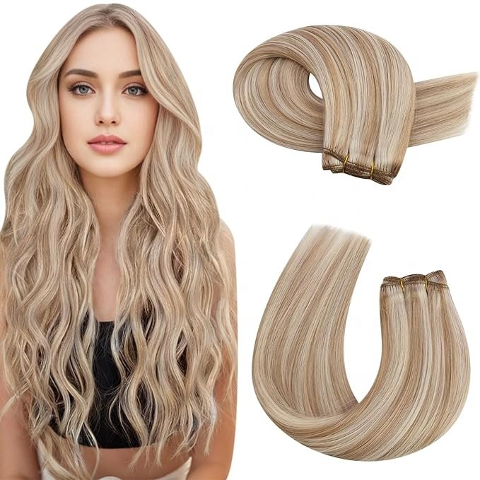 Cheap Price European Invisible Genius Wefts Highlight Light Color Raw Virgin Human Hair Extensions Remy Russian Hand Tied Weft