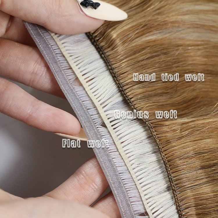 Double Drawn Thin Invisible Hand Tied Weft Virgin Remy Cuticle Aligned Russian Human Hair Extensions Genius Weft
