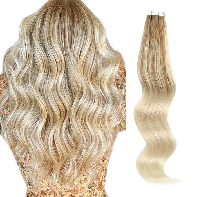 Natural Remy Tape in Human Hair Extensions invisible Seamless PU Skin Weft 100% Real Virgin Hair Ombre Golden blonde Color