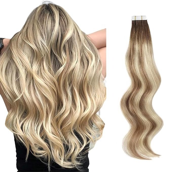 Natural Remy Tape in Human Hair Extensions invisible Seamless PU Skin Weft 100% Real Virgin Hair Ombre Golden blonde Color