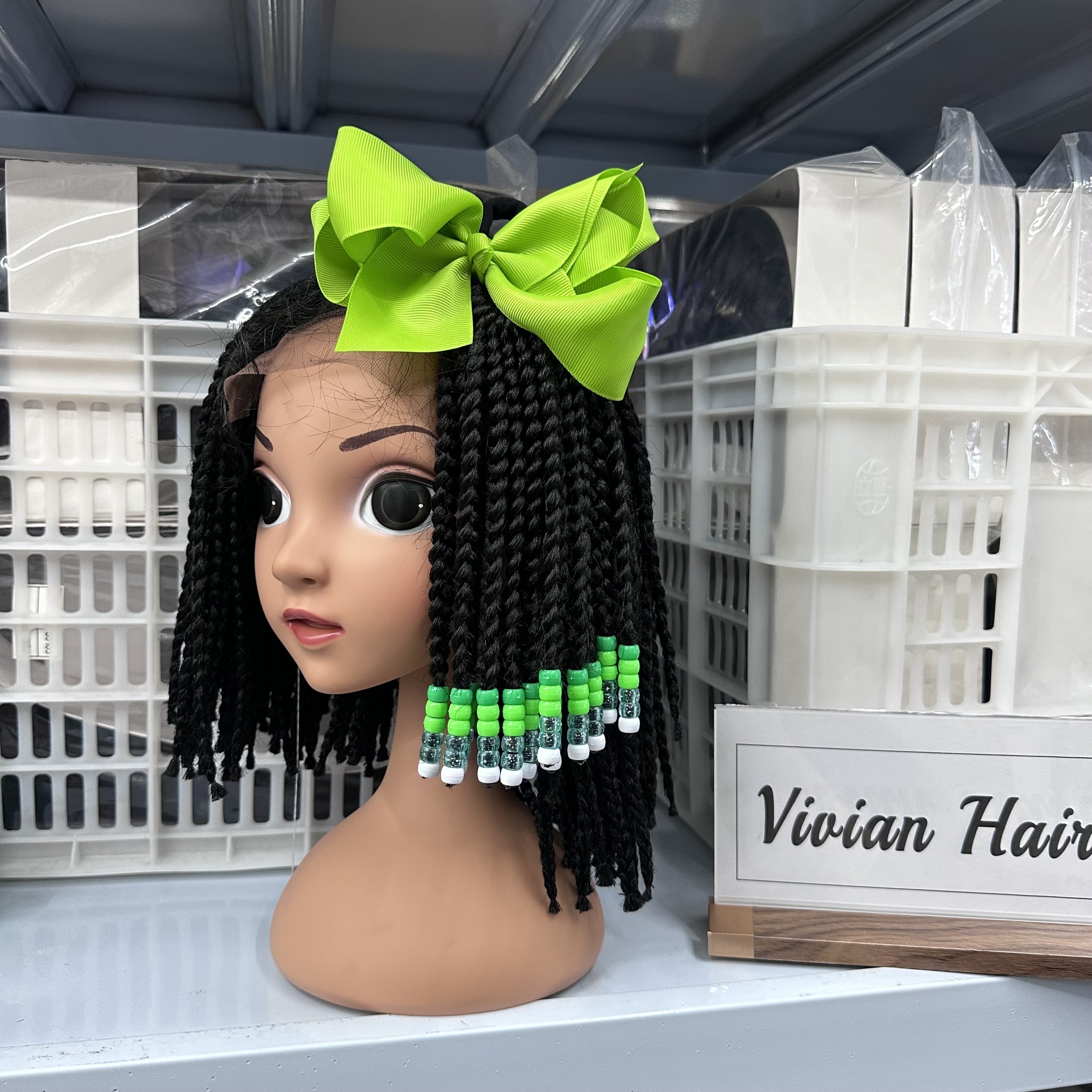 Custom 6 8 10 inches little girls braided ponytails with beads like human hair with beads and bow