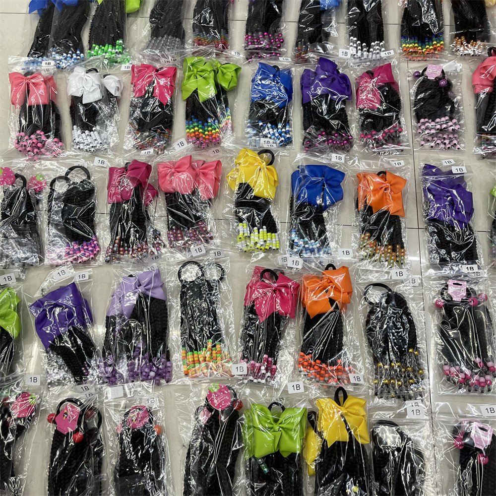 Custom 6 8 10 inches little girls braided ponytails with beads like human hair with beads and bow