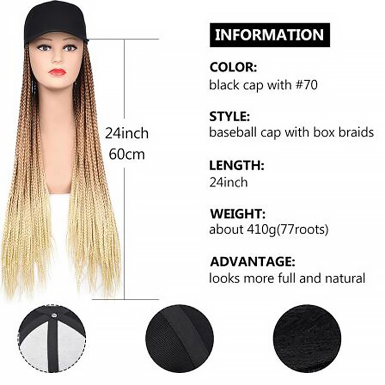 Wholesale Dropshipping Long 24Inch Rainbow Ombre 3X Box Braids Hair With Baseball Cap Wigs Synthetic Box Braided Hat Wigs