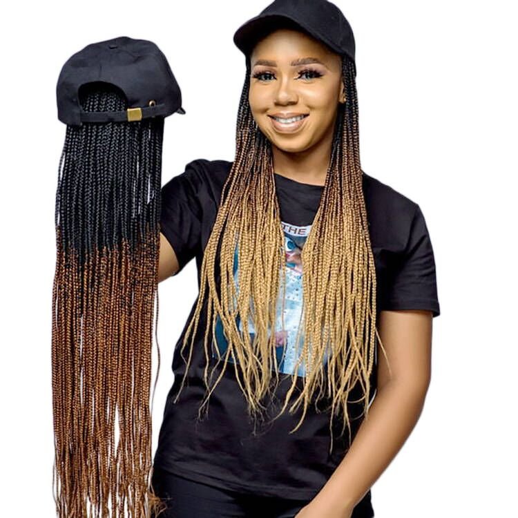 Wholesale Dropshipping Long 24Inch Rainbow Ombre 3X Box Braids Hair With Baseball Cap Wigs Synthetic Box Braided Hat Wigs