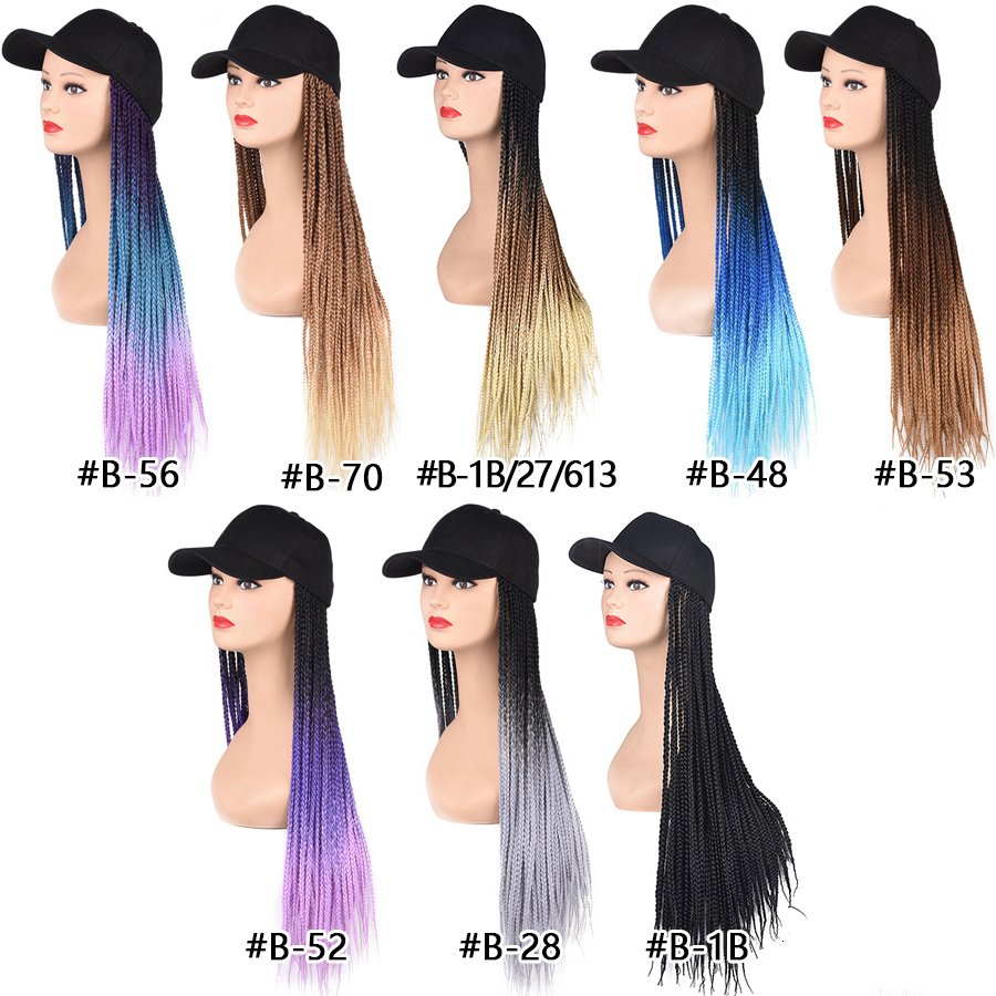 Wholesale Dropshipping Long 24Inch Rainbow Ombre 3X Box Braids Hair With Baseball Cap Wigs Synthetic Box Braided Hat Wigs