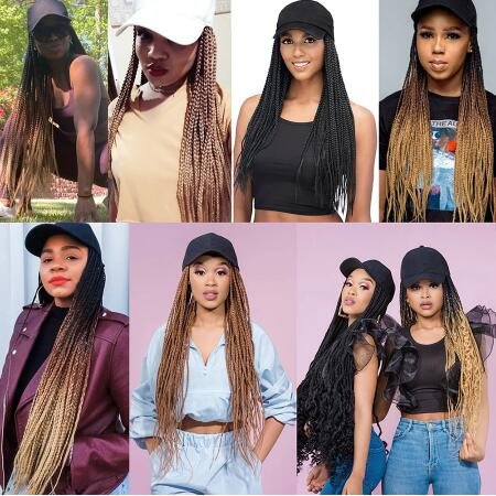Wholesale Dropshipping Long 24Inch Rainbow Ombre 3X Box Braids Hair With Baseball Cap Wigs Synthetic Box Braided Hat Wigs