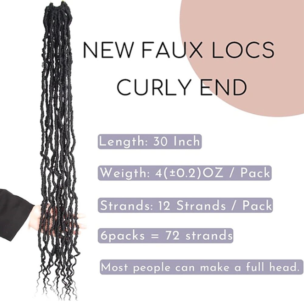 Synthetic 30 Inch New Faux Locs With Curly End 6 Packs Soft nu Locs Crochet Hair Long Natural Black Crochet Braids
