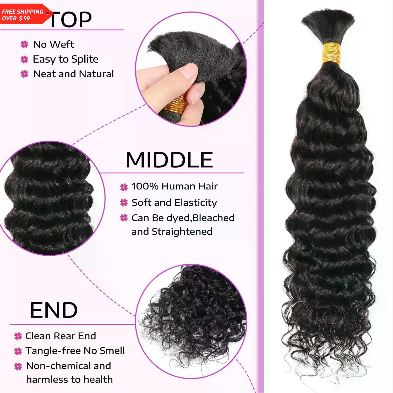 28in Malaysian Micro Braiding Hair Bulk Water Wave No Weft Crochet 100g 1pc