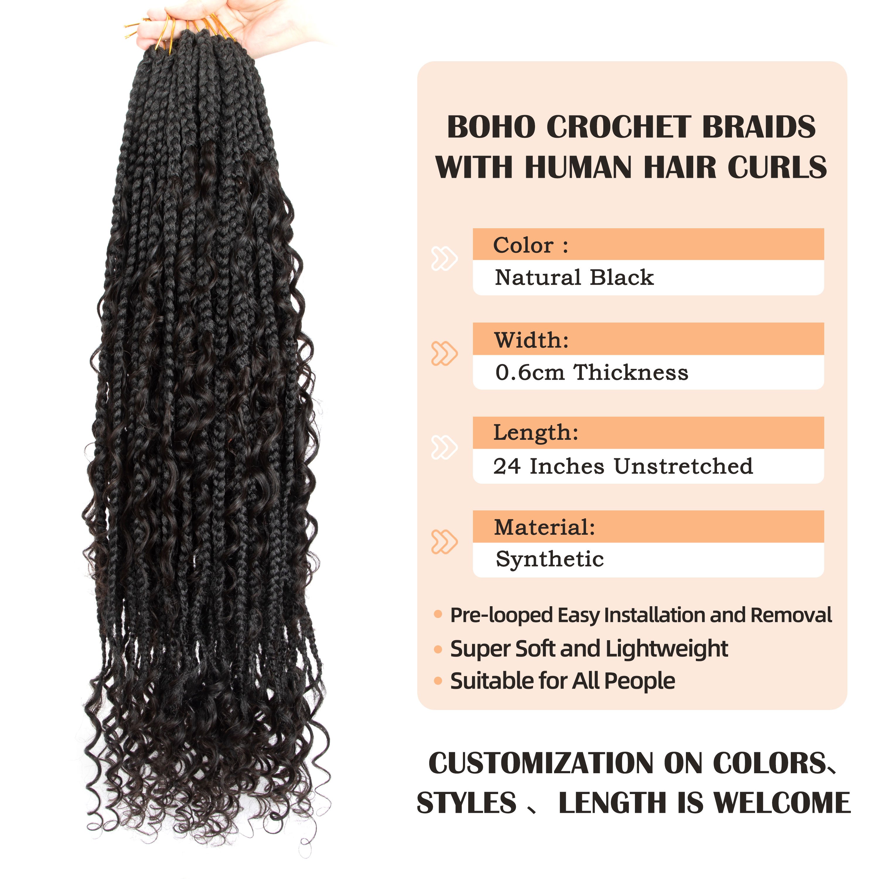 BLT new arrivals Boho goddess box braids crochet hair pre looped synthetic boho box braids locs crochet with human hair curlys