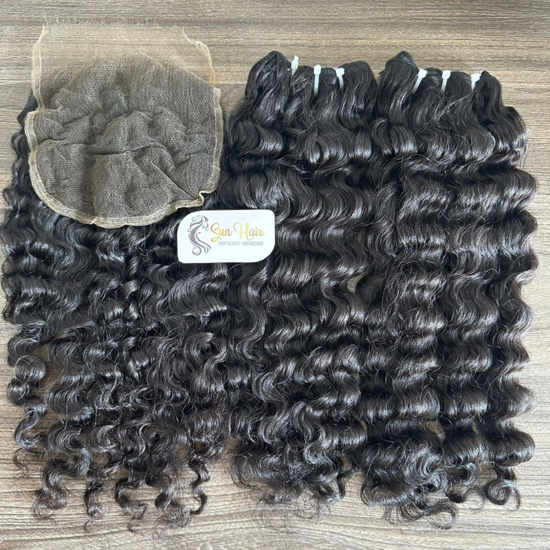 Wholesale Natural Black Colour Burmese Curly Raw Unprocessed Transparent Lace Closure 100% Vietnamese Human Hair Extensions
